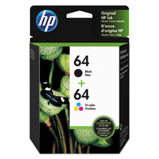 Picture of HP 64, (X4D92AN) 2-Pack Black/Tri-Color Original Ink Cartridges